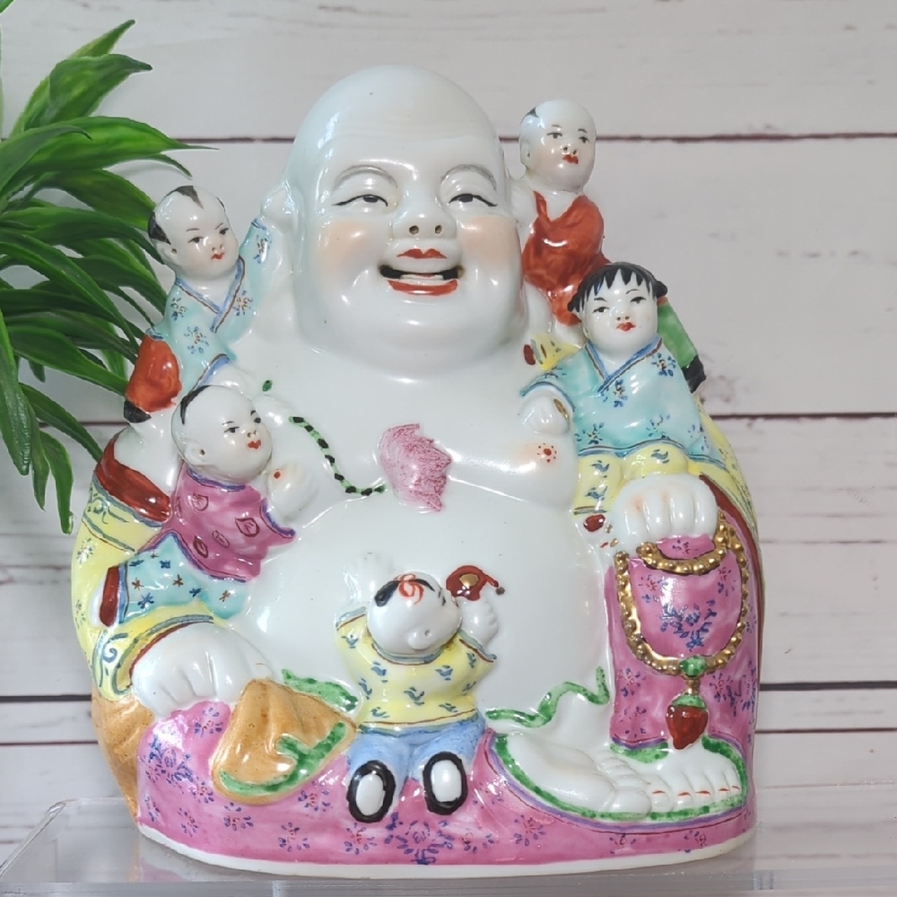 Colorful Large 9"‎ Porcelain Vintage Laughing Buddha with Five Children Figurine
